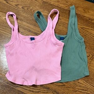 Ribbed Pink and Green Cropped Tank Tops